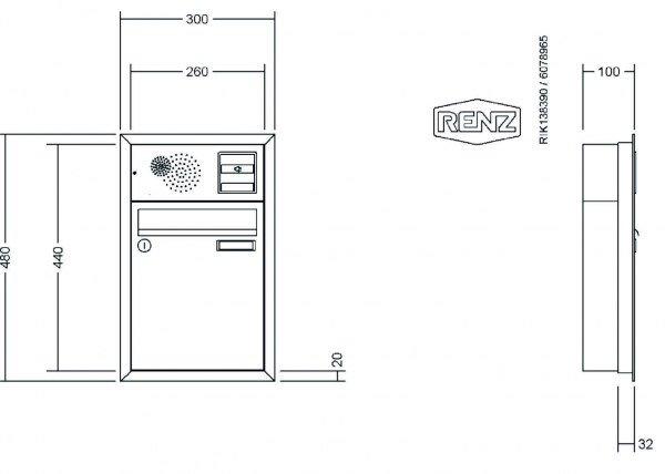 RENZ Briefkastenanlage Unterputz, Eckrahmen, Kastenformat 260x330x100mm, mit Klingel - & Lichttaster und Vorbereitung Gegensprechanlage, 1-teilig, Renz Nummer 10-0-25011